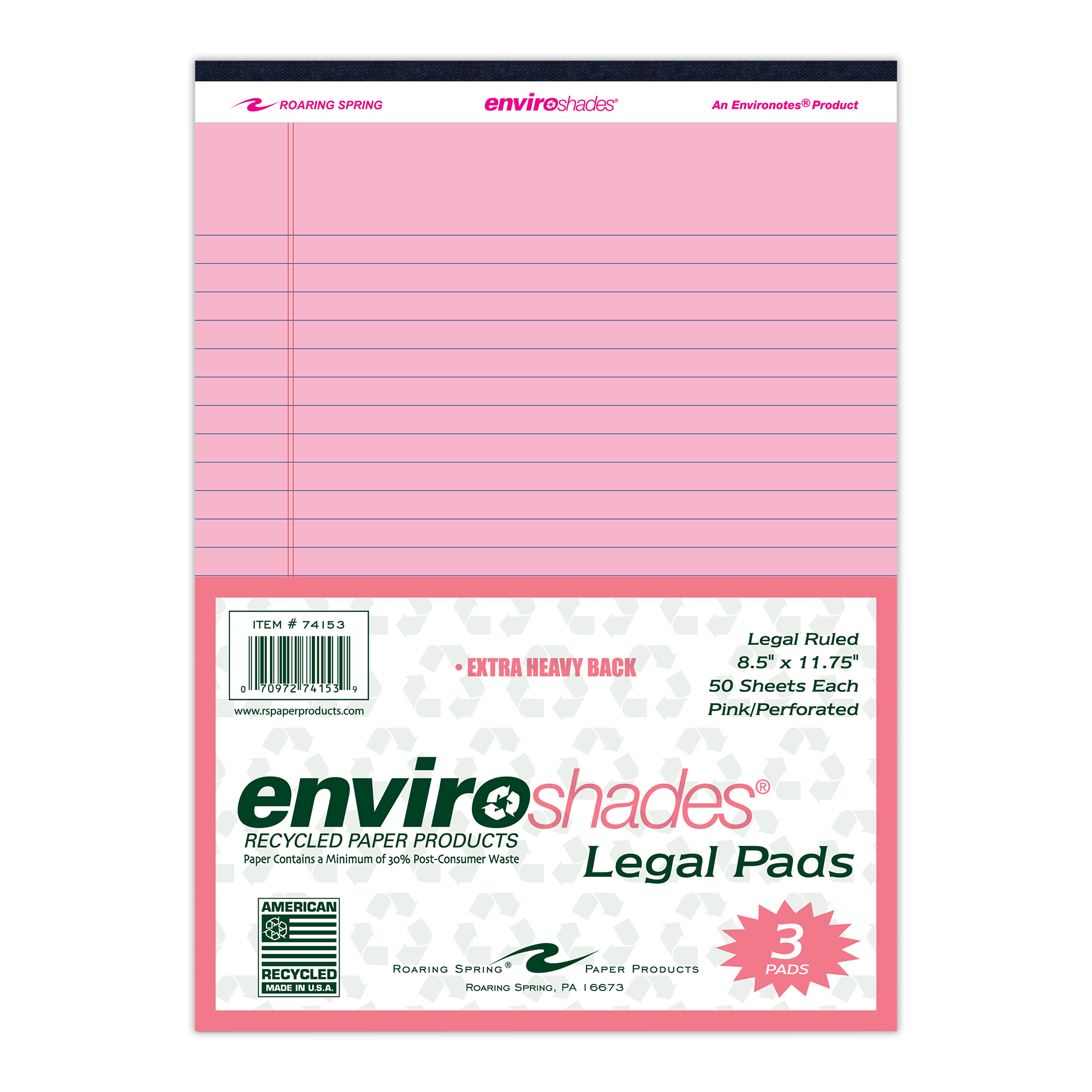 Enviroshades® Recycled Legal Pads, Legal Ruled, Pink, Pack of 3