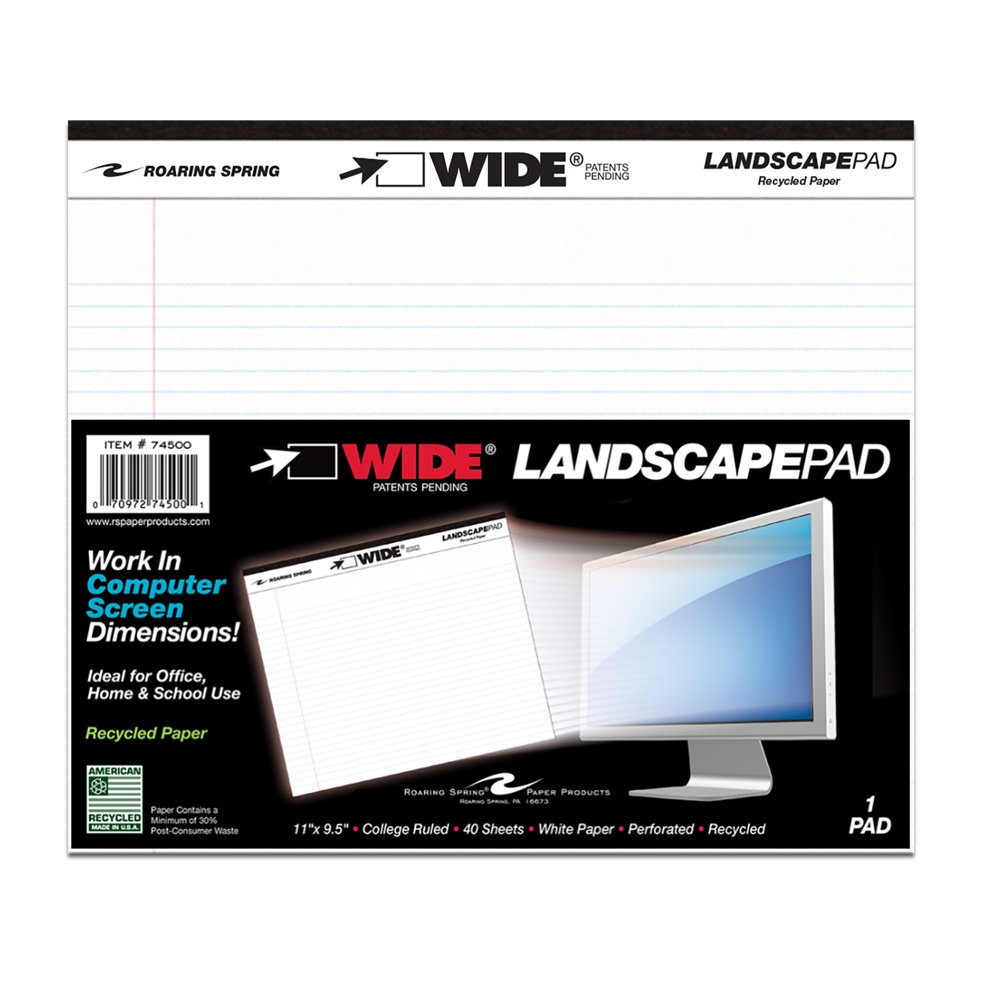 Wide® Recycled Landscape Legal Pads, College Ruled with Margin, White