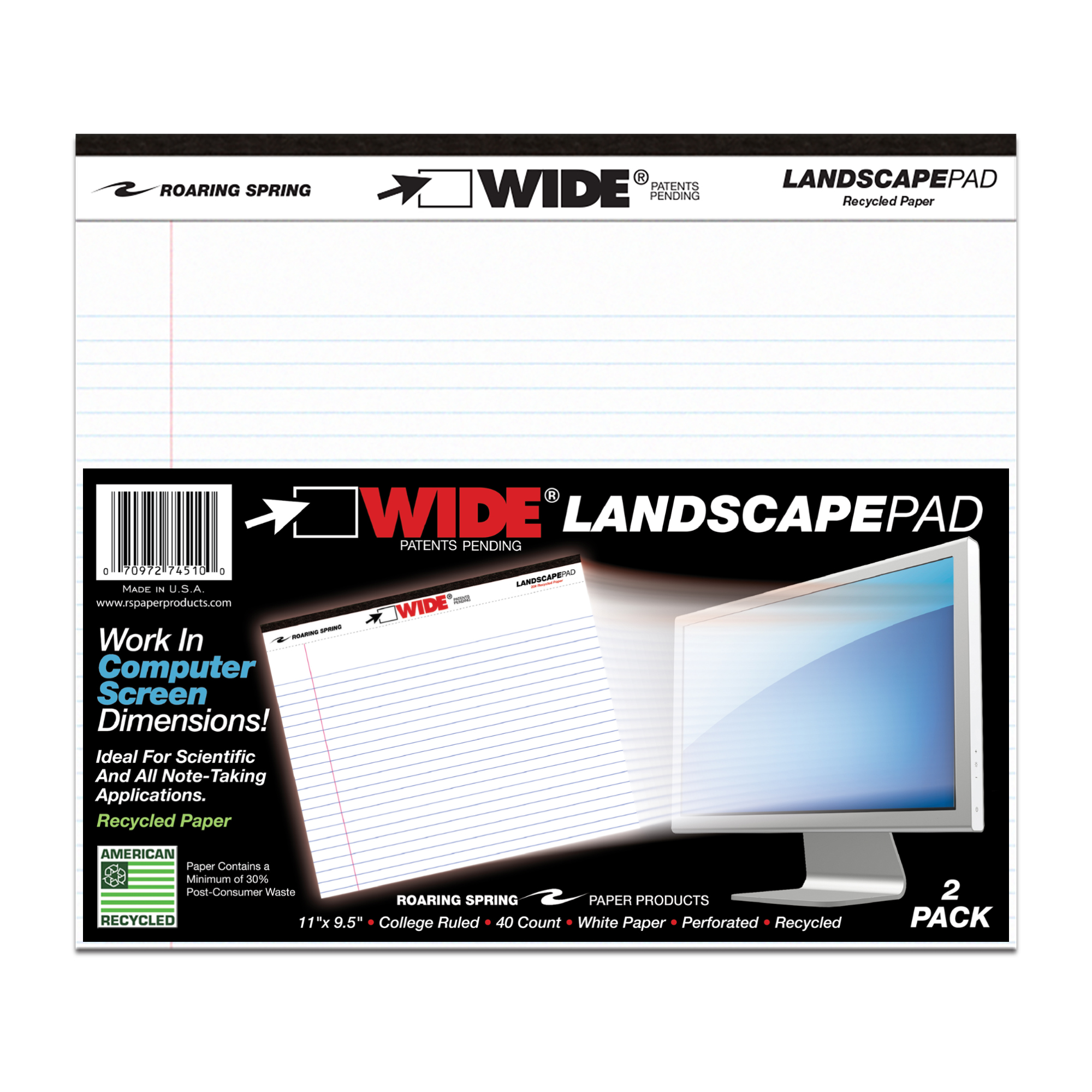 Wide® Recycled Landscape Legal Pads, College Ruled with Margin, White, Pack of 2
