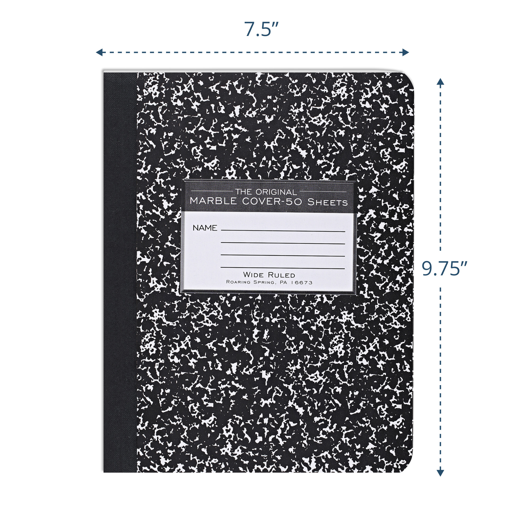 Hard Cover Composition Book, Wide Ruled,  50 Sheets/100 Pages, Black Marble Cover
