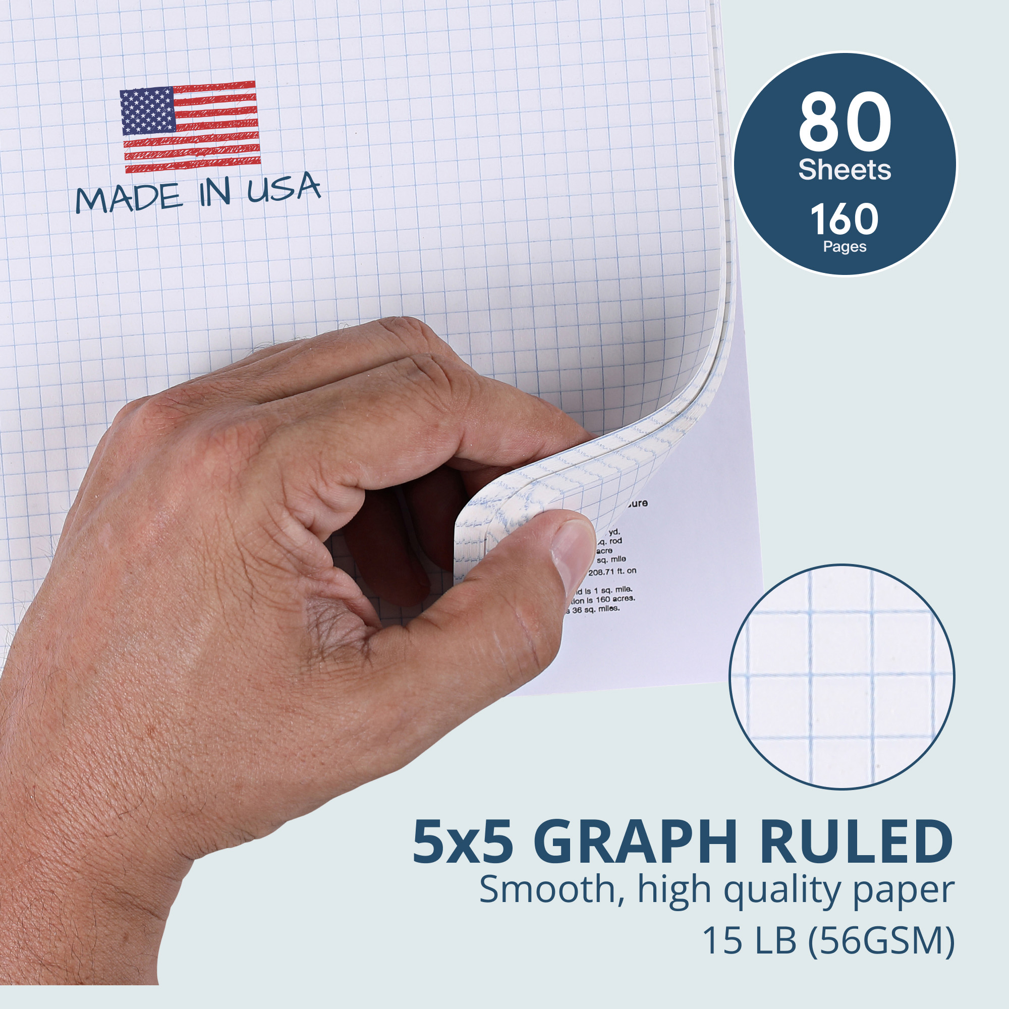 Hard Cover Composition Book, 5x5 Grid Ruled, 80 Sheets/160 Pages, Black Marble Cover