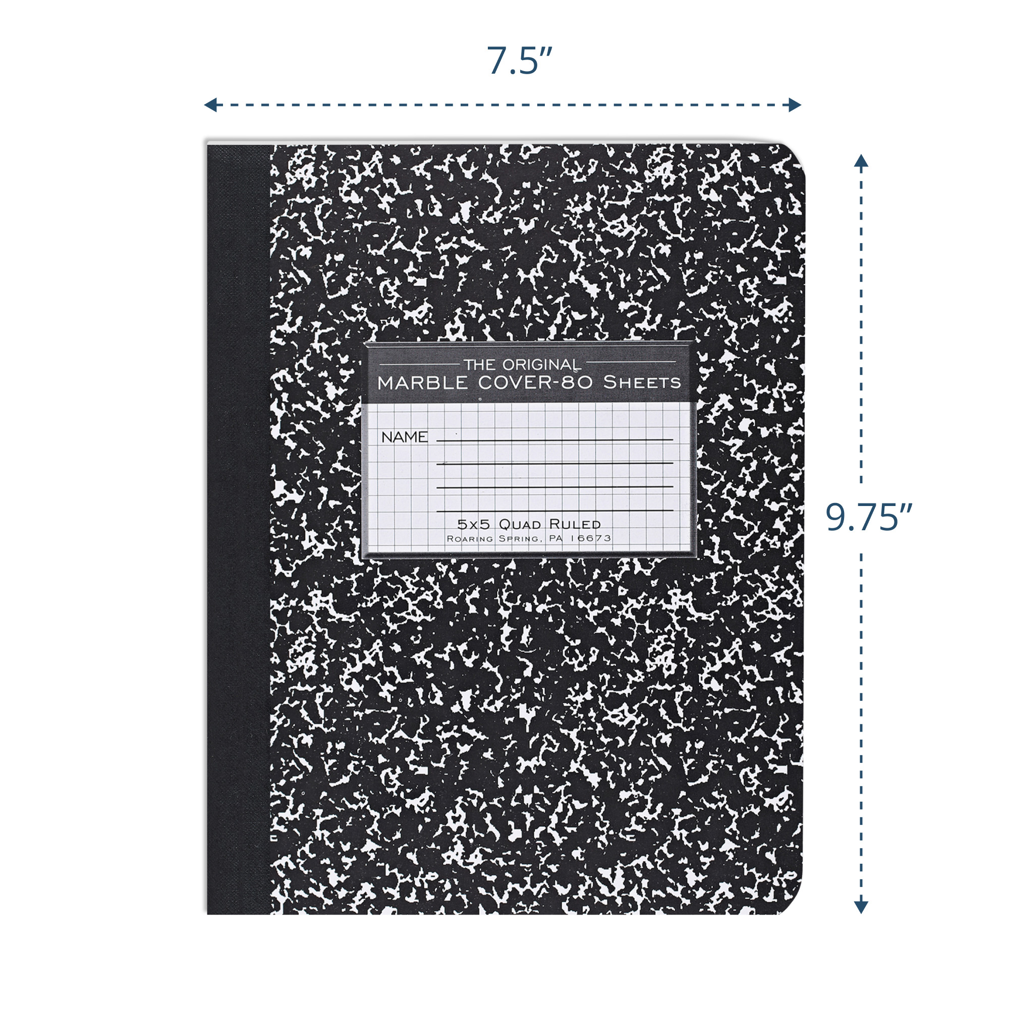 Hard Cover Composition Book, 5x5 Grid Ruled, 80 Sheets/160 Pages, Black Marble Cover