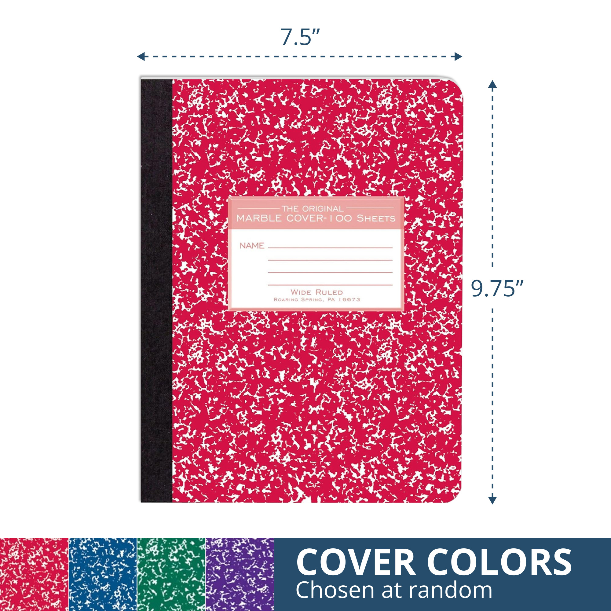Hard Cover Composition Book, Wide Ruled, 100 Sheets/200 Pages, Assorted Marble Covers