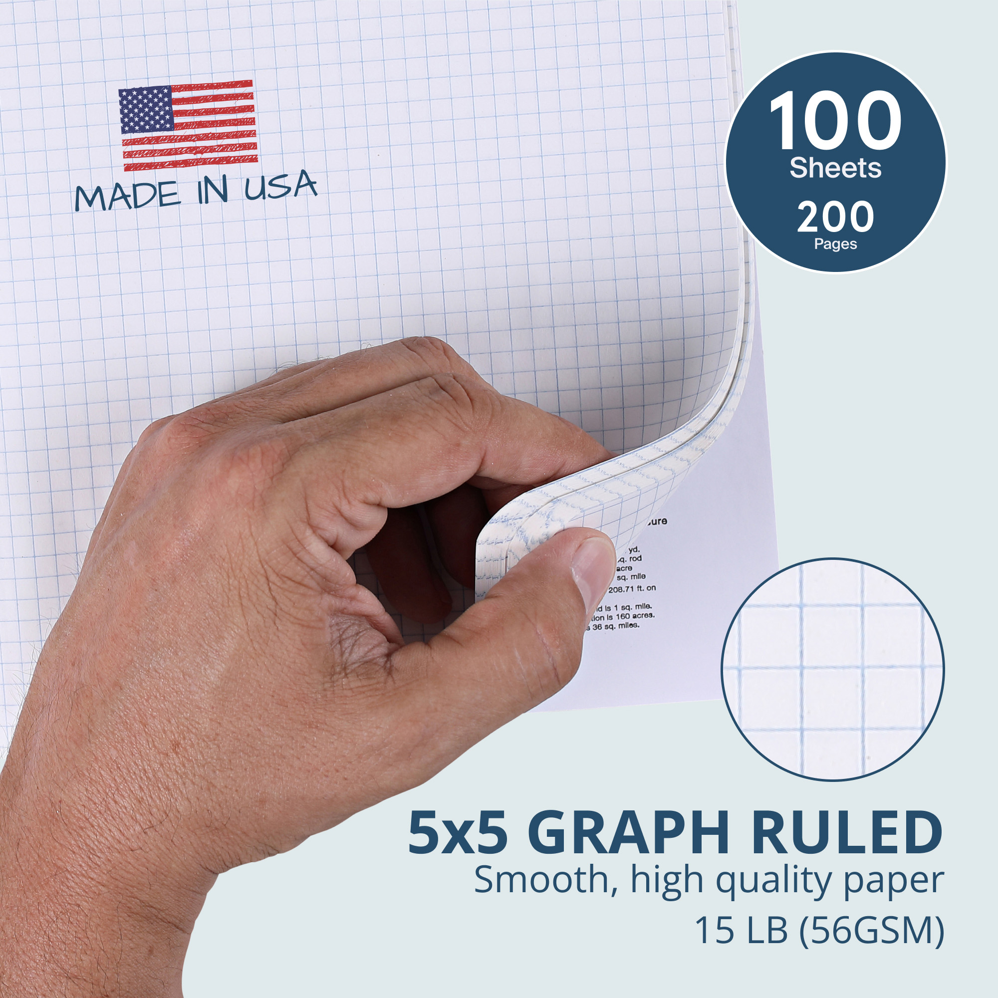 Hard Cover Composition Book, 5x5 Grid Ruled.100 Sheets/200 Pages, Green Marble Cover