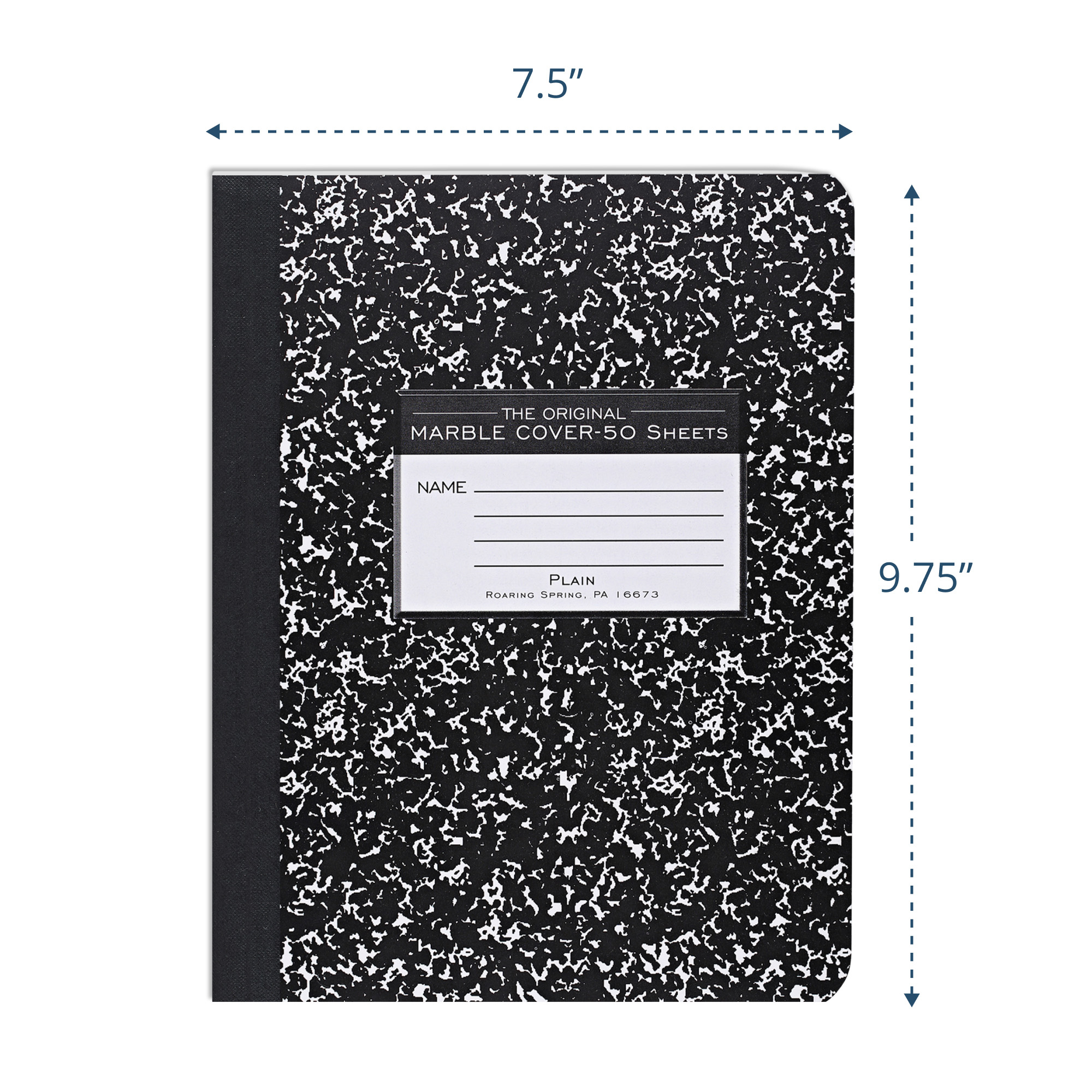 Hard Cover Composition Book, Unruled,  50 Sheets/100 Pages, Black Marble Cover