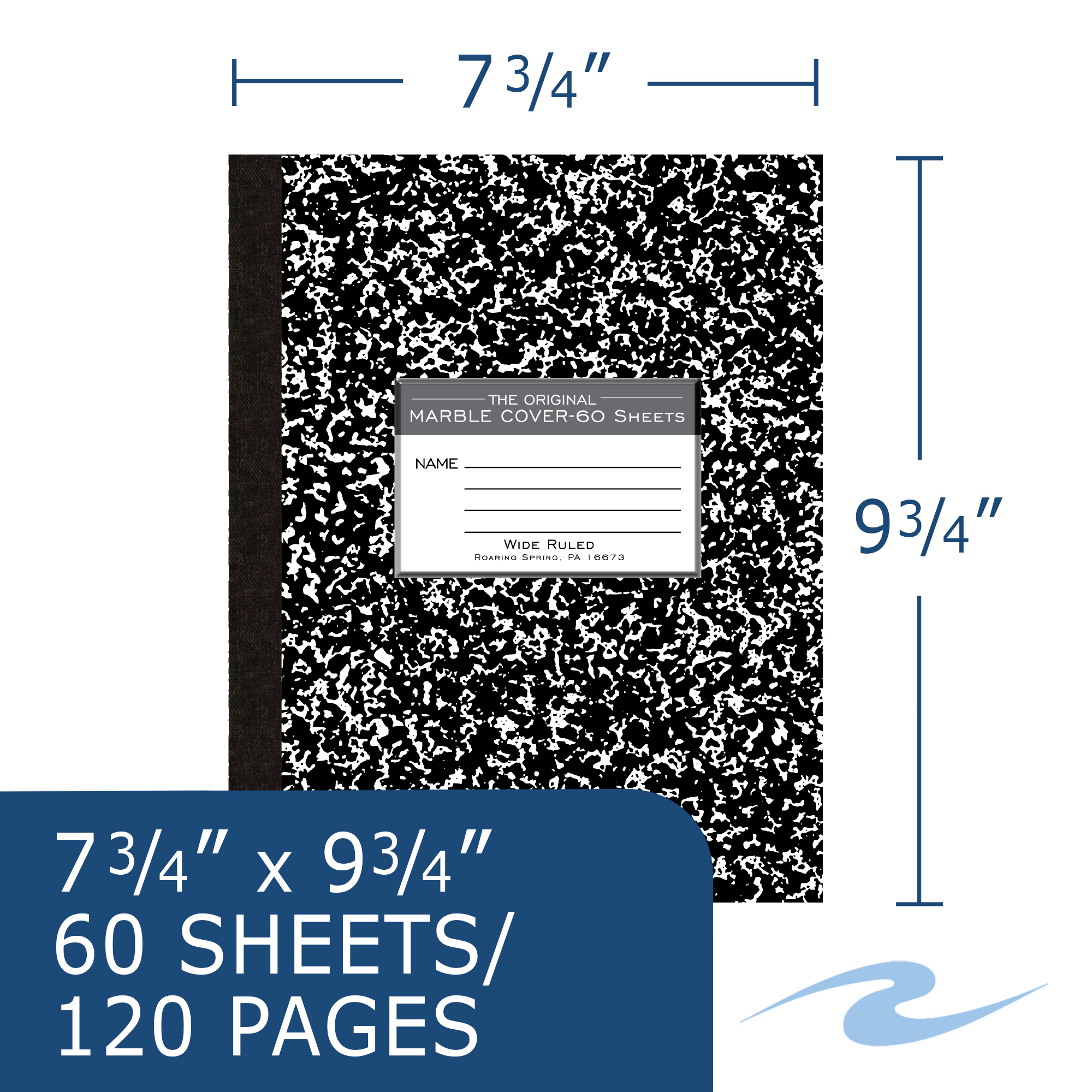 Flexible Cover Composition Book, Wide Ruled, 60 Sheets/120 Pages, Black Marble Cover