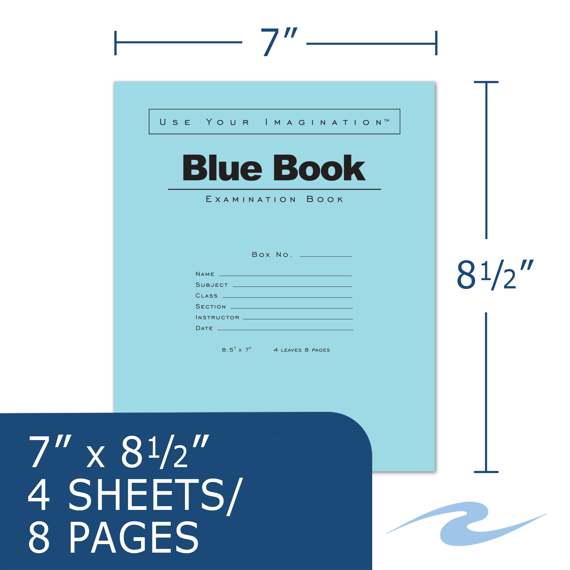 Blue Exam Book, Wide Ruled with Margin, 8.5" x 7", 4 Sheets/8 Pages