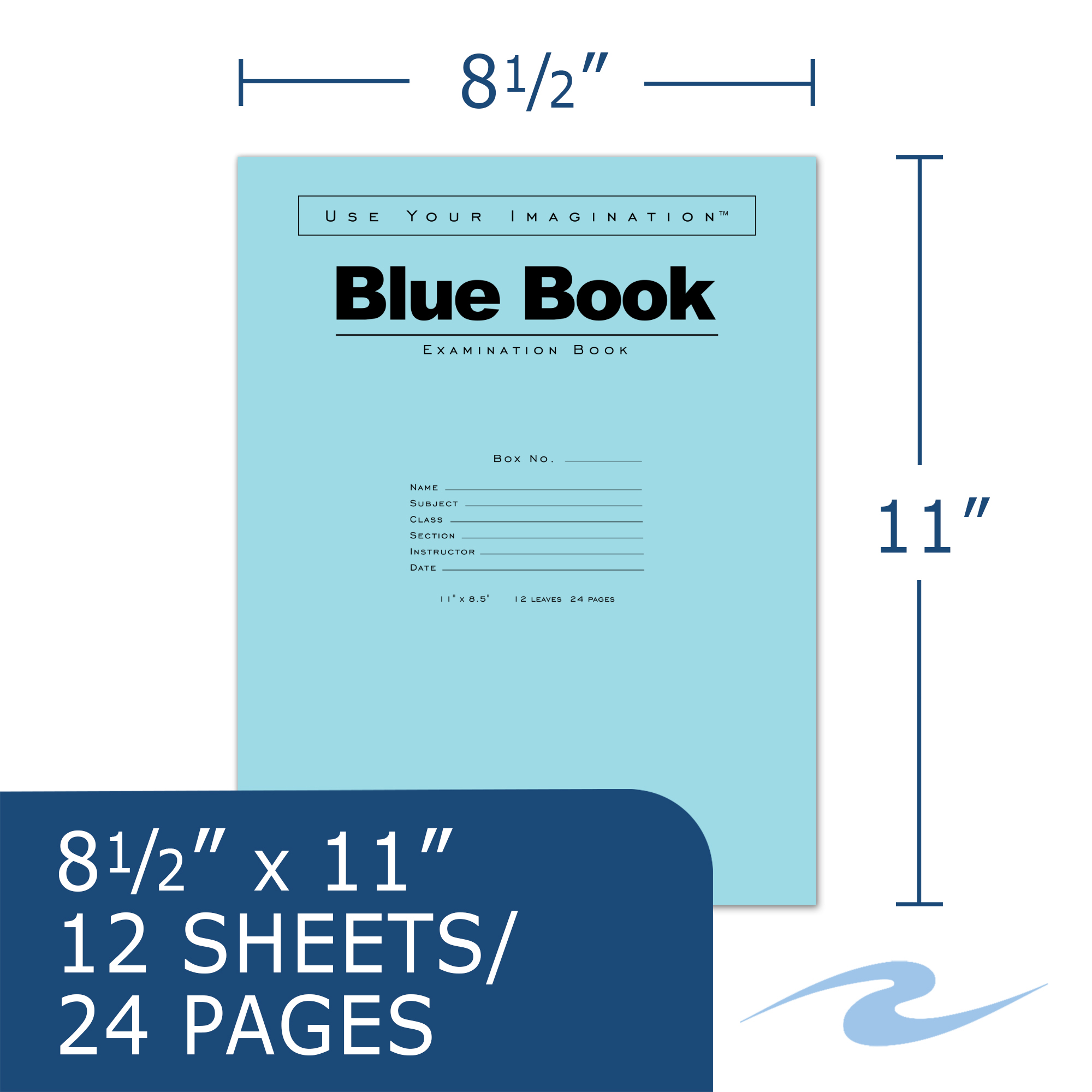 Blue Exam Book, Wide Ruled with Margin, 11" x 8.5", 12 Sheets/24 Pages