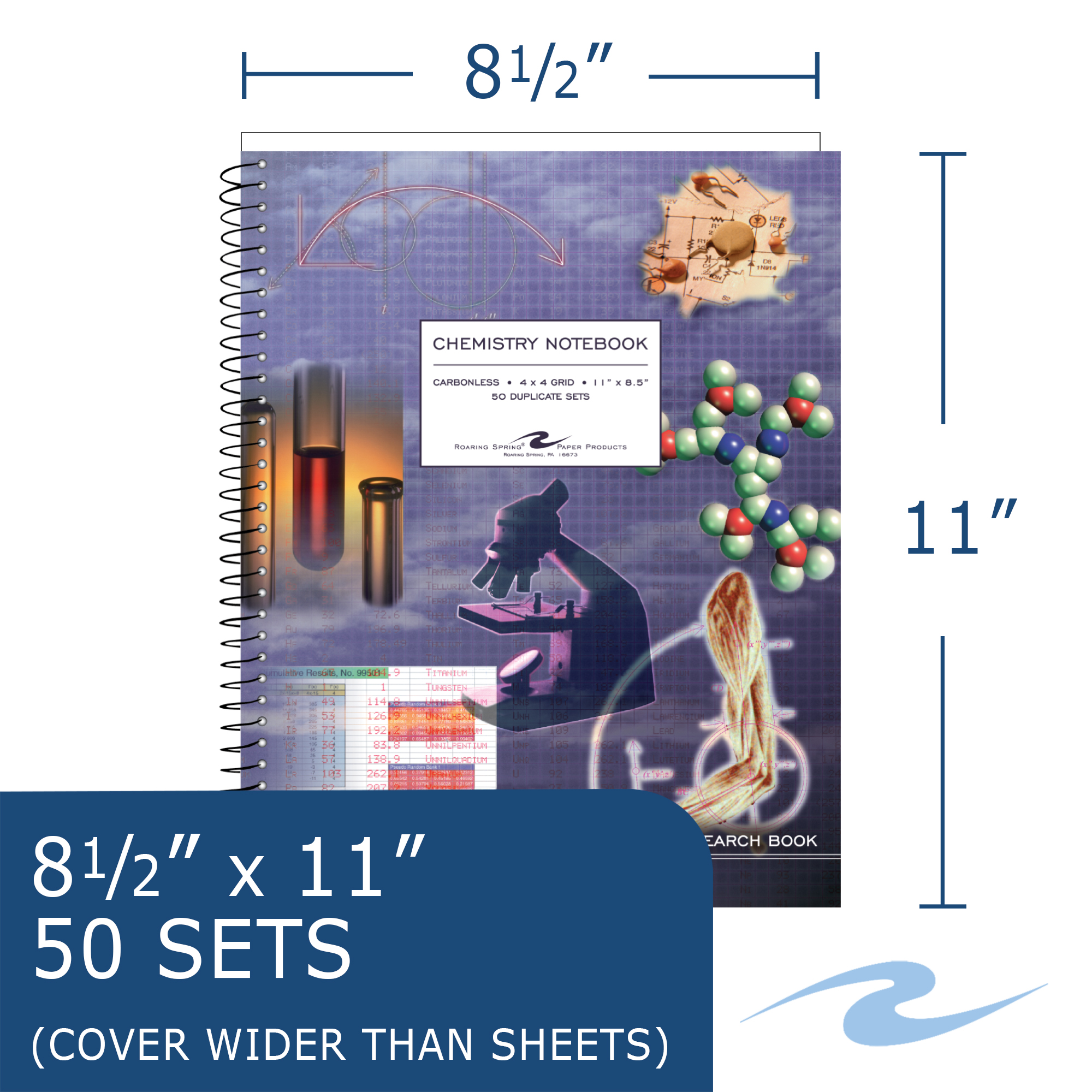 Carbonless Wirebound Chemistry Notebook, 4x4 Grid Ruled, 50 Sets of Blue/White pages, Oversize Cover