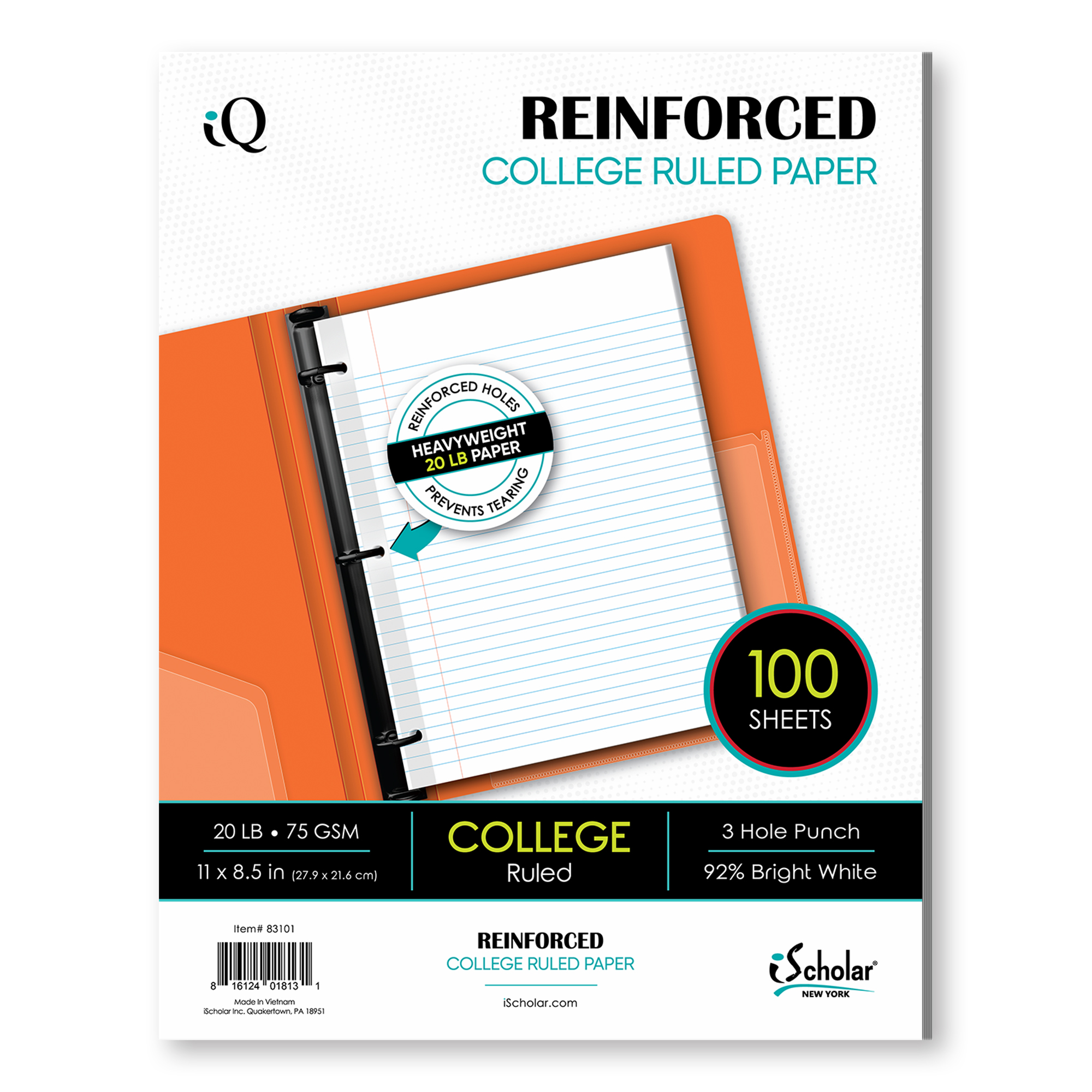 iScholar® iQ Heavyweight Filler Paper, Reinforced, College Ruled, 11" x 8.5", 100 Sheets of 20 lb Paper