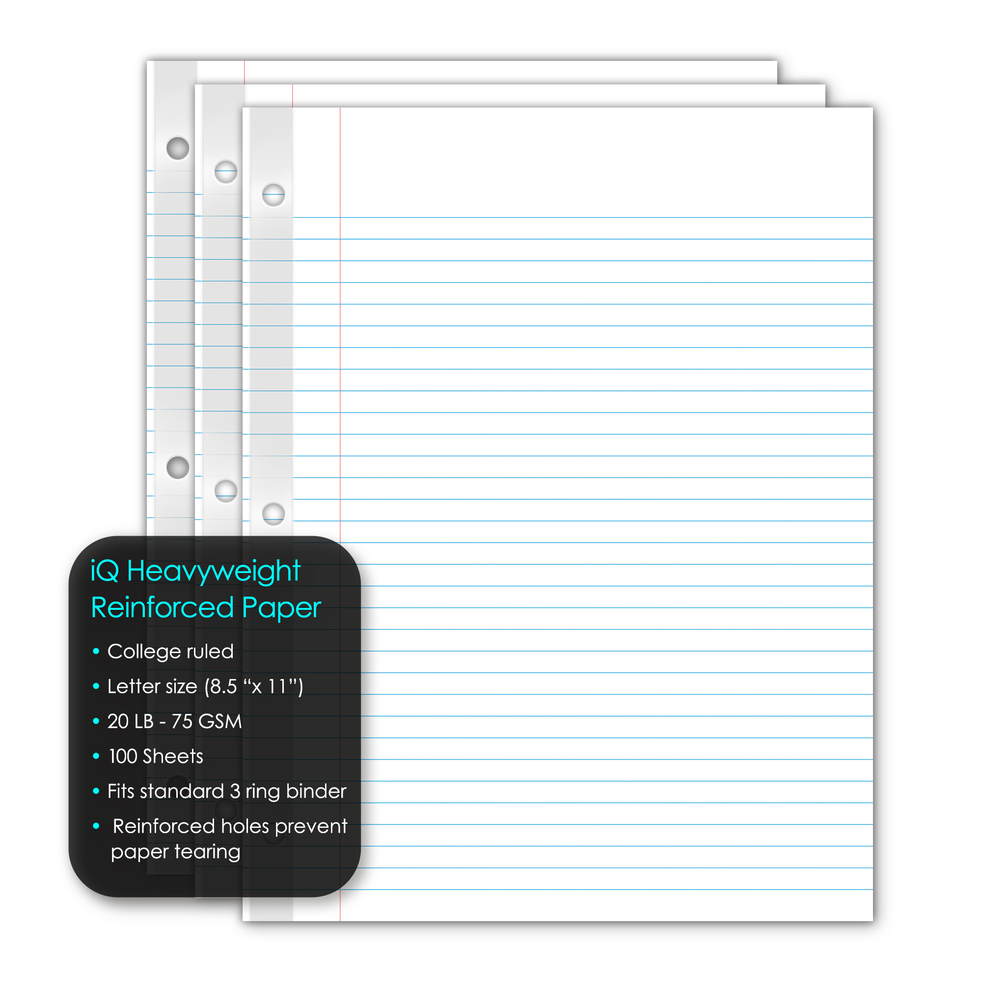 iScholar® iQ Heavyweight Filler Paper, Reinforced, College Ruled, 11" x 8.5", 100 Sheets of 20 lb Paper