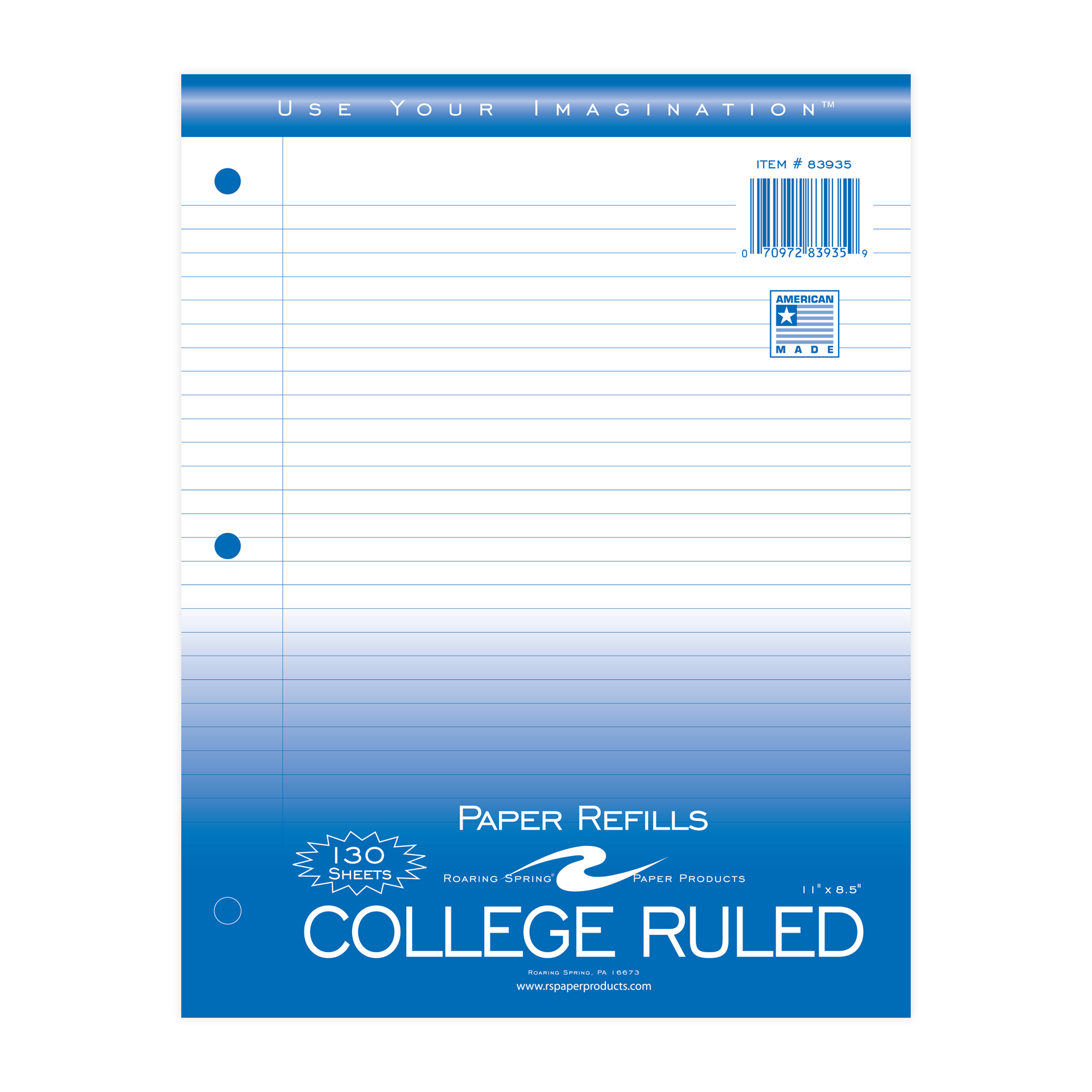 Loose Leaf Filler Paper, College Ruled, 11" x 8.5", 130 Sheets