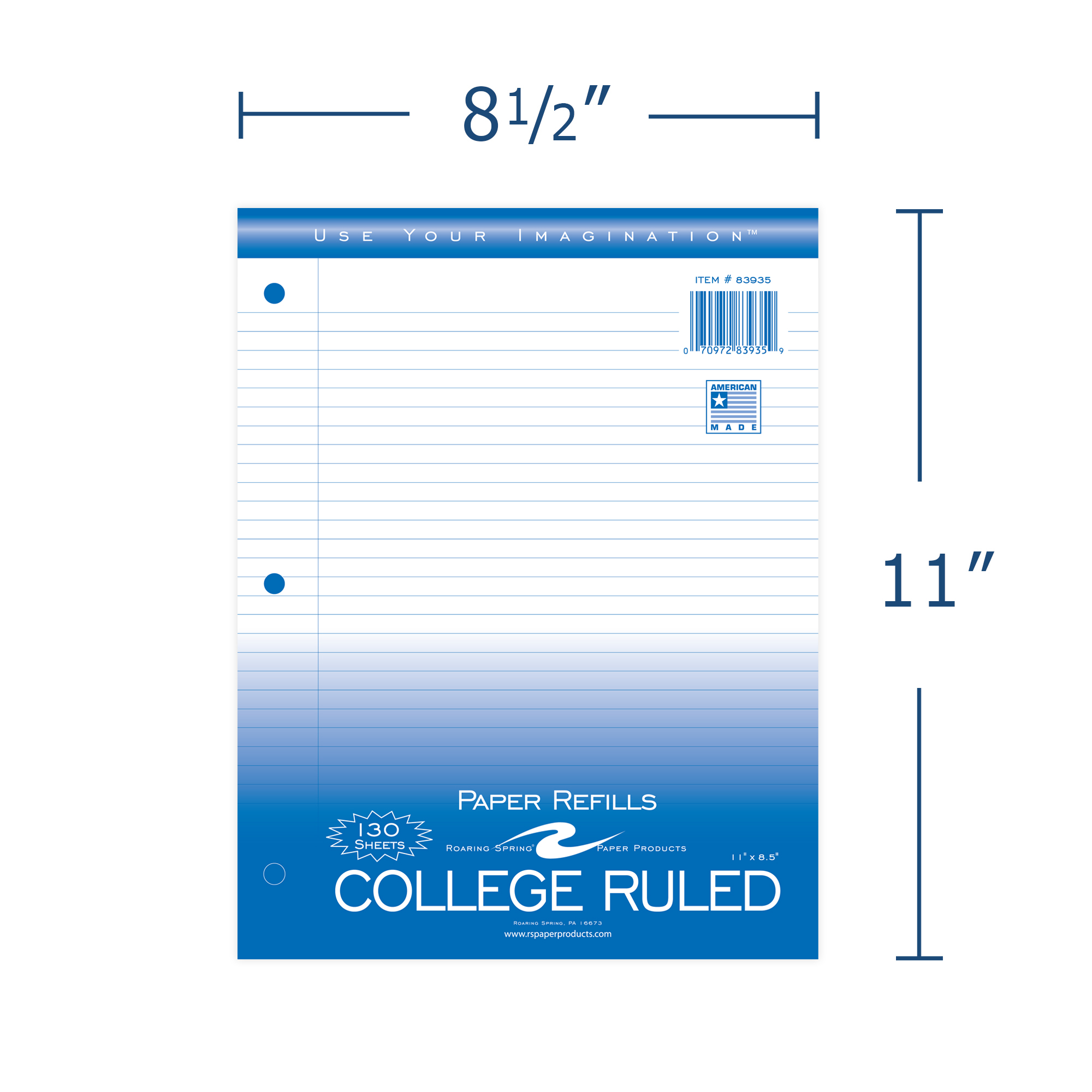 Loose Leaf Filler Paper, College Ruled, 11" x 8.5", 130 Sheets