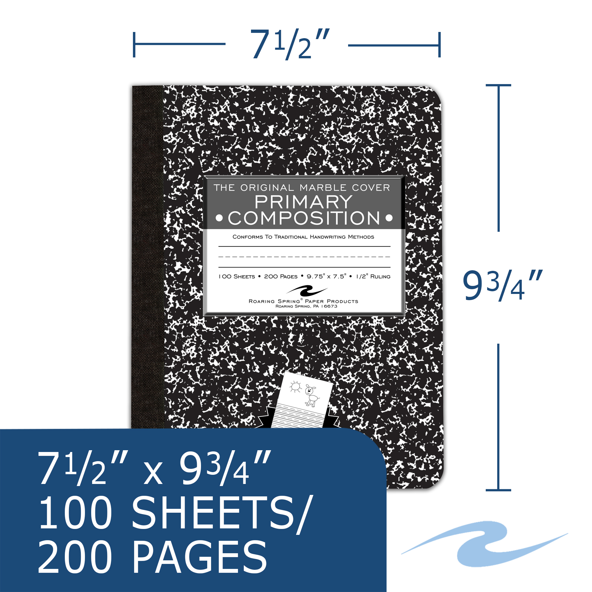 Hard Cover Composition Book, Picture Story Ruling, Black Marble Cover