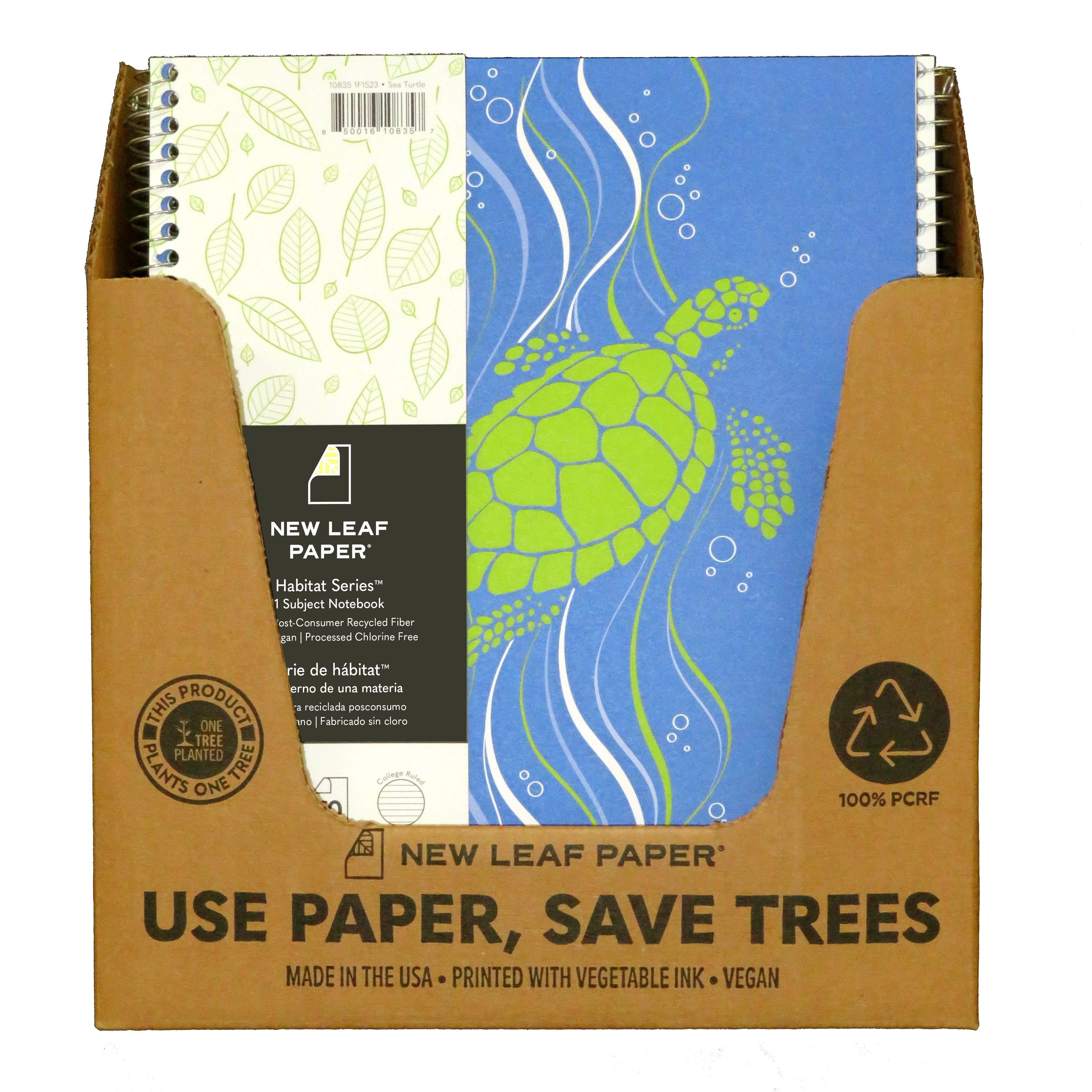 New Leaf Paper® 100% Recycled, Sustainably Designed Reusable Corrugate Display, Contains 24 Habitat Series™  One Subject Notebooks - 4 Assorted Designs
