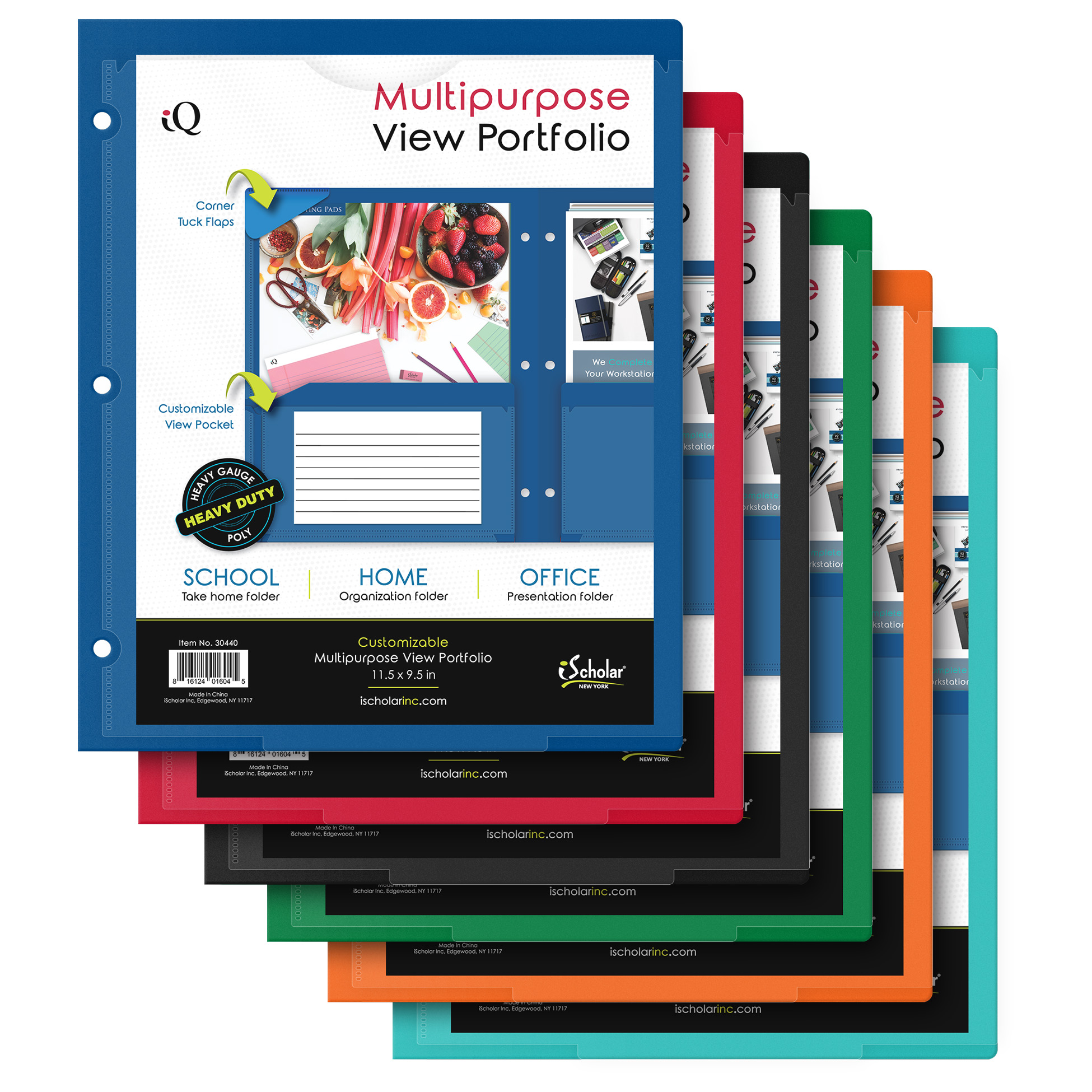 iScholar® iQ Twin Pocket View Poly Portfolio, 11.5" x 9.5", Assorted Standard Colors